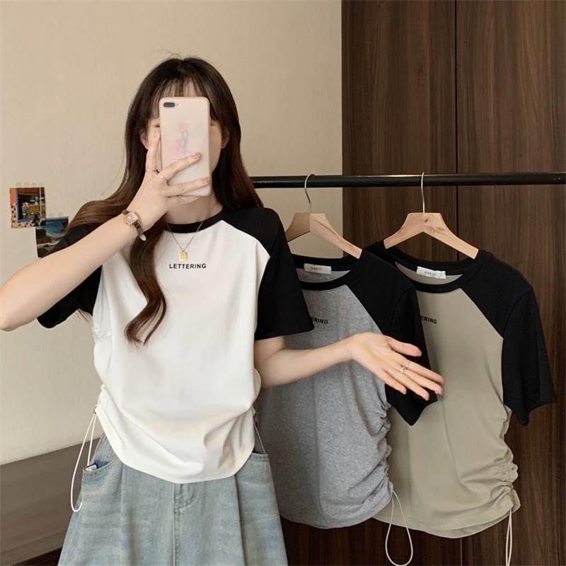 American Retro Splicing Contrasting Color Right Shoulder T-Shirt Short-Sleeved Women's Summer Design Waist Drawstring Raglan Sleeve Short Top