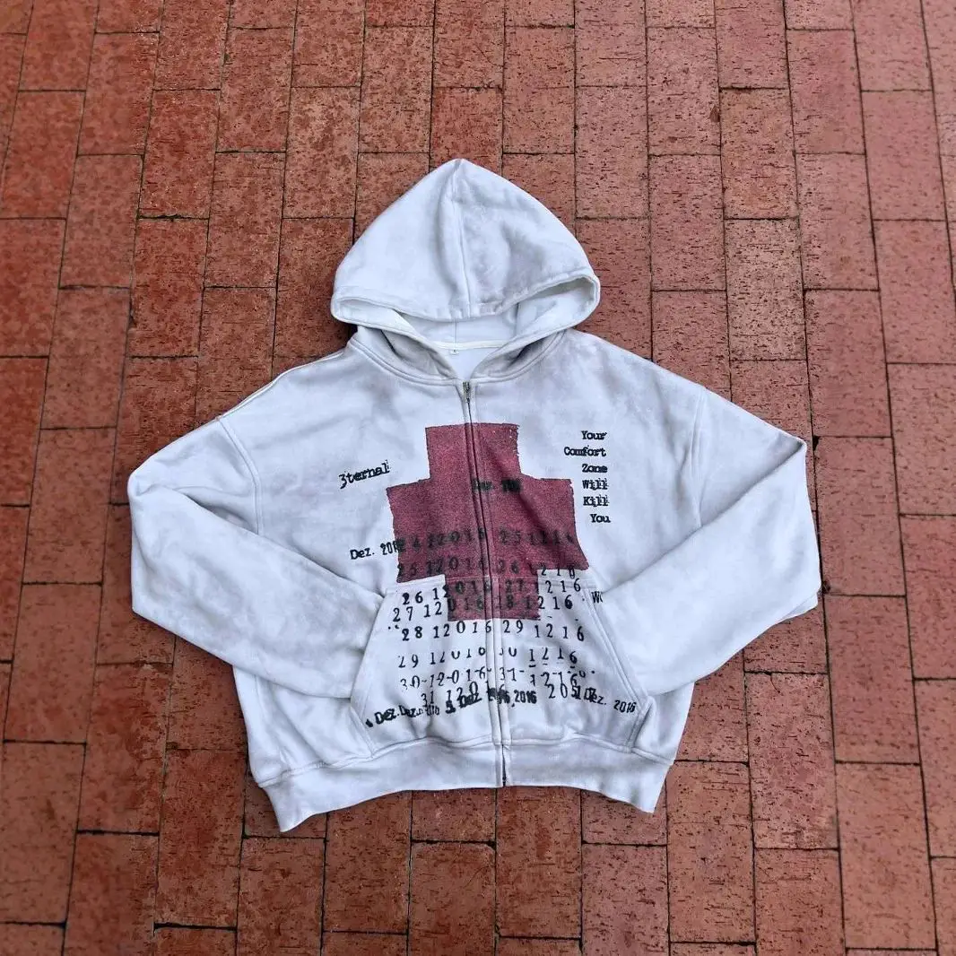 Mens Hoodie Vintage Y2K Setwear Pullover Gray Sweatshirt Red