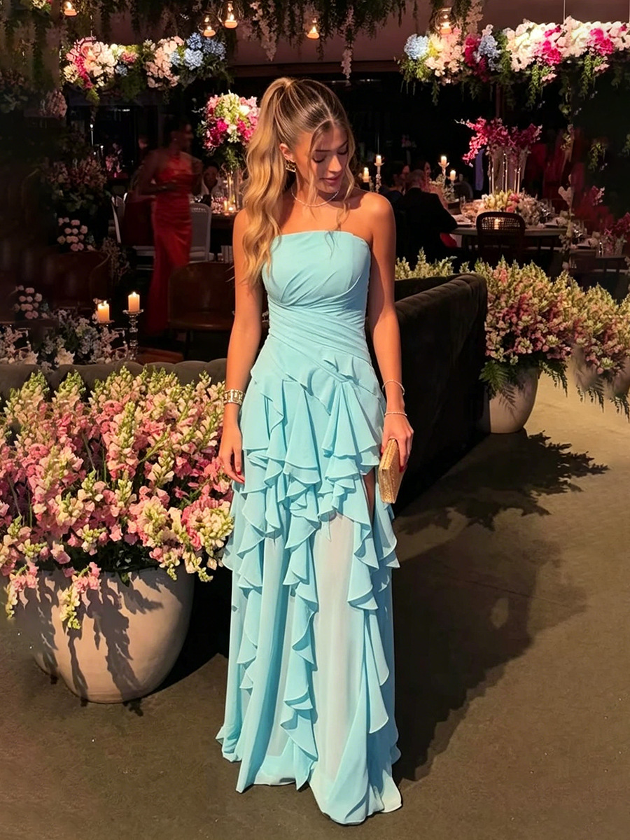 Vacation Fairy Style Light Blue Tube Top Dress 2026 Summer New Women's Waist-Cinching Ruffled Chiffon Long Dress