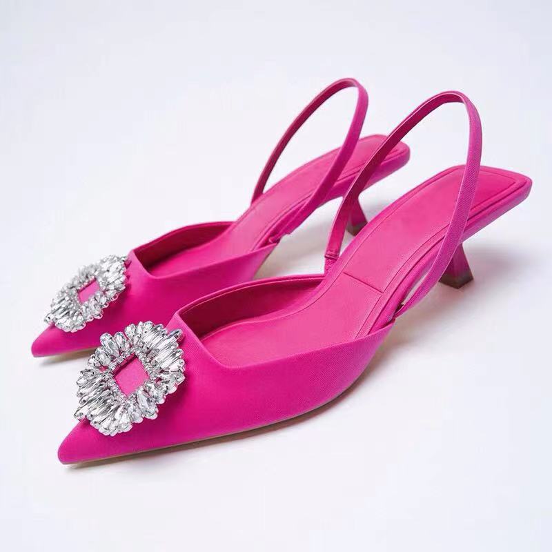 ZA New Spring and Summer Women's Shoes Green Rhinestone Fashion Elegant Wedding Shoes Muller Shoes Fairy Pointed High Heel Shoes Sandals