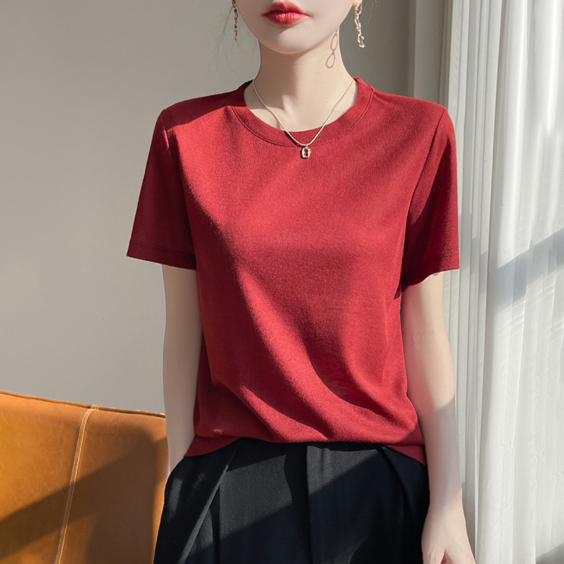 Summer New Gradient Design Tencel Crewneck Knitted Sweater Ice Silk Top Slimming Thin French Mid-Sleeve T-Shirt for Women