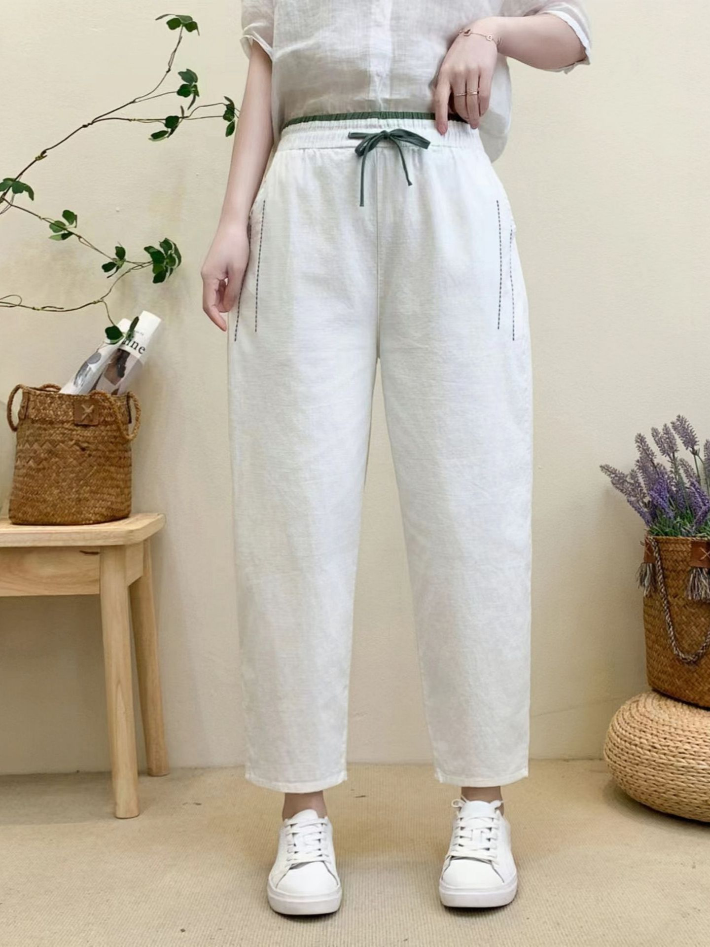 Summer New Fashionable Thin Carrot Pants Women's Loose Washed Cotton and Linen Elastcoat High Waist Women's Casual Harlan Pants