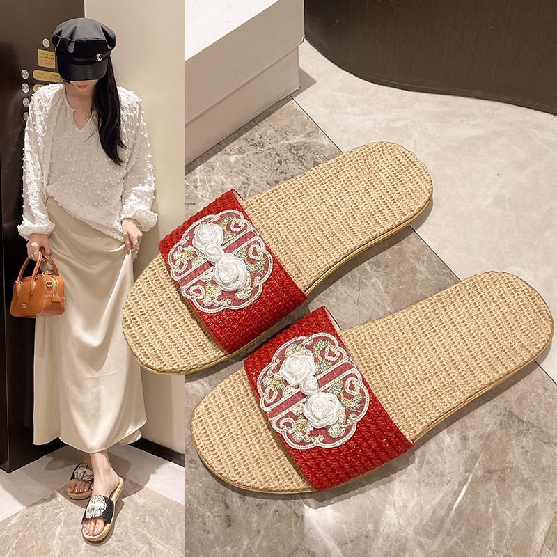 Vintage Fashion Indoor Linen Sandals and Slippers Embroidered Chinese Style Home Non-Slip Flat Bottom Mute New Chinese Four Seasons Slippers