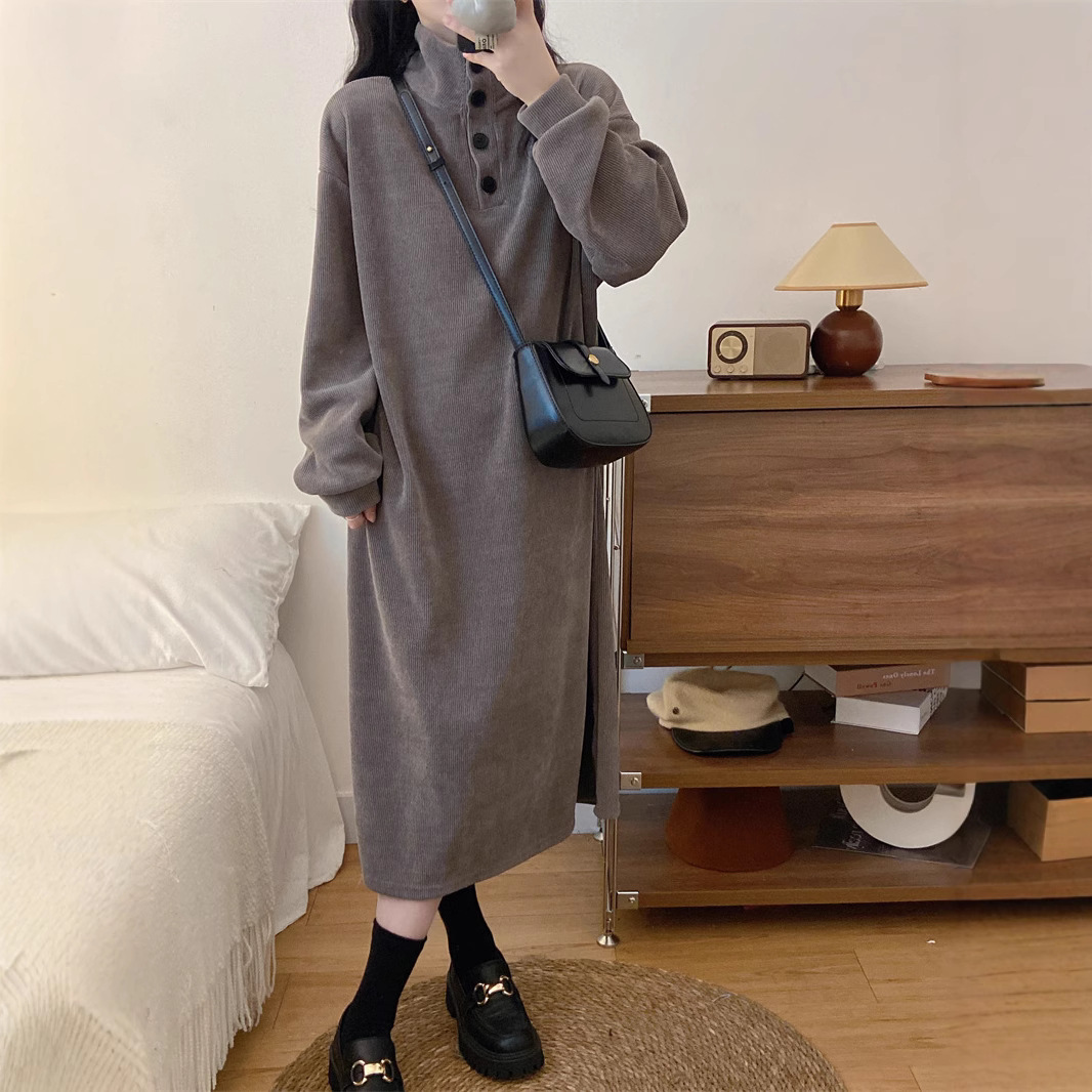 plus size Women's 2024 Autumn New chubby girl Belly Covering Slim Long Knee Thickened Corduroy Base dress