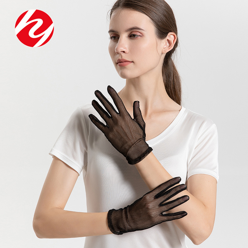 Huaye Summer Thin Silk Sun Protection Gloves Breathable Non-Slip Driving Mulberry Silk Mesh Knitted Five-Finger Gloves for Women