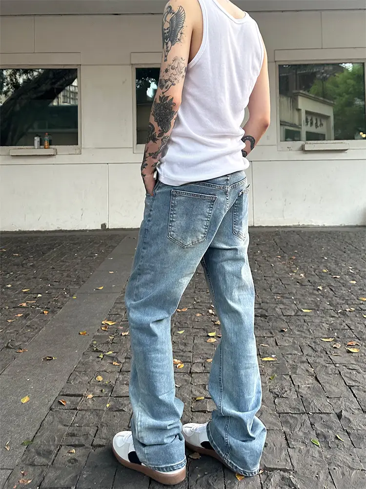 Hy711 Ice Blue Cleanfit Distressed Washed 517 Style Slim Looking silm Versatile Straight Leg Micro-Flare Denim Men