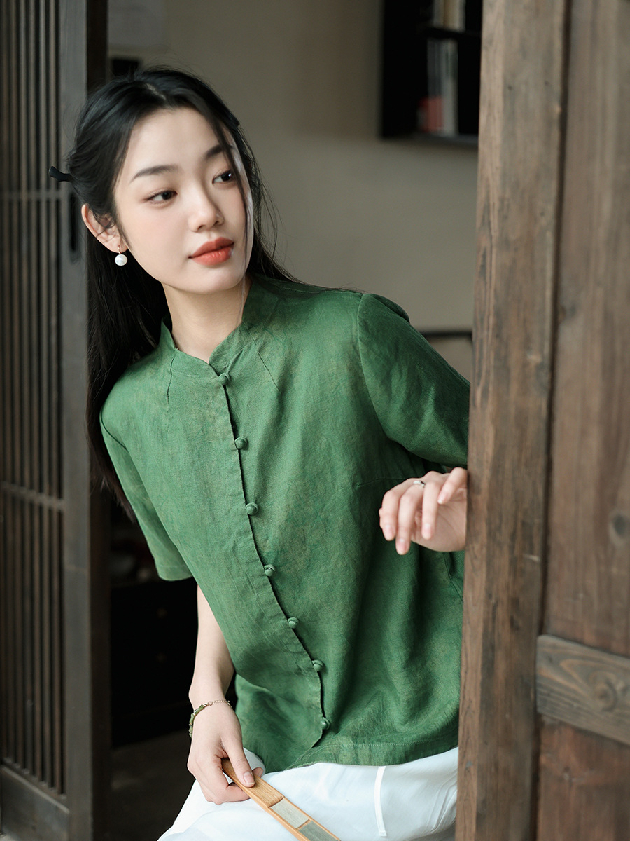 New Chinese Style Women's 2025 Summer New Printed Linen Shirt Women's Retro Style High-end Collar Women's Shirt