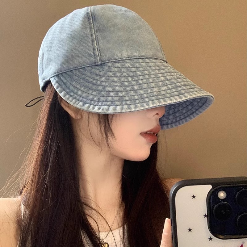 Denim Fisherman Hat Summer Women's All-match Plain Pot Hat Face Covering Big Head Circumference Fashion Sun Hat with Duck Tongue