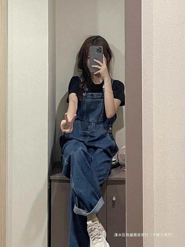 Milk fufu Denim suspender pants Women's Small 24 Autumn New plus size chubby girl loose slimming wide-leg pants
