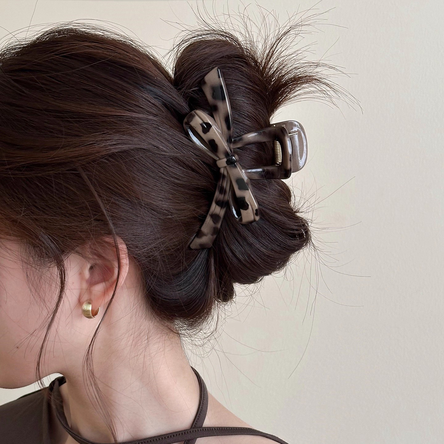 Leopard Print Bow Clip for Women, Retro High-End Sense, Shark Clip for Hair on the Back of the Head, Half-Tied Hair Clip, Autumn Hair Accessories