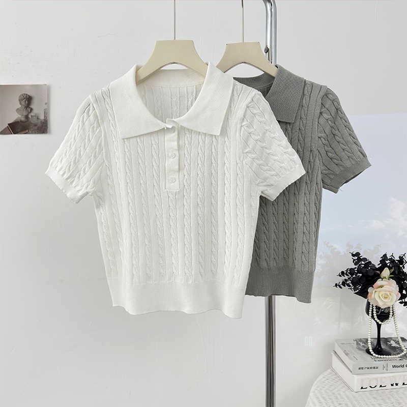 Korean Retro College Style Lapel Short-Sleeved Twist-Knit T-Shirt for Women Spring 2026 Stylish Age-Reducing Short Top