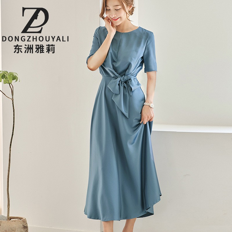 3558 French Romantic Dress Spring and Summer New Design Sense Lace-up Waist Slimming Blue Western Style Fairy Dress