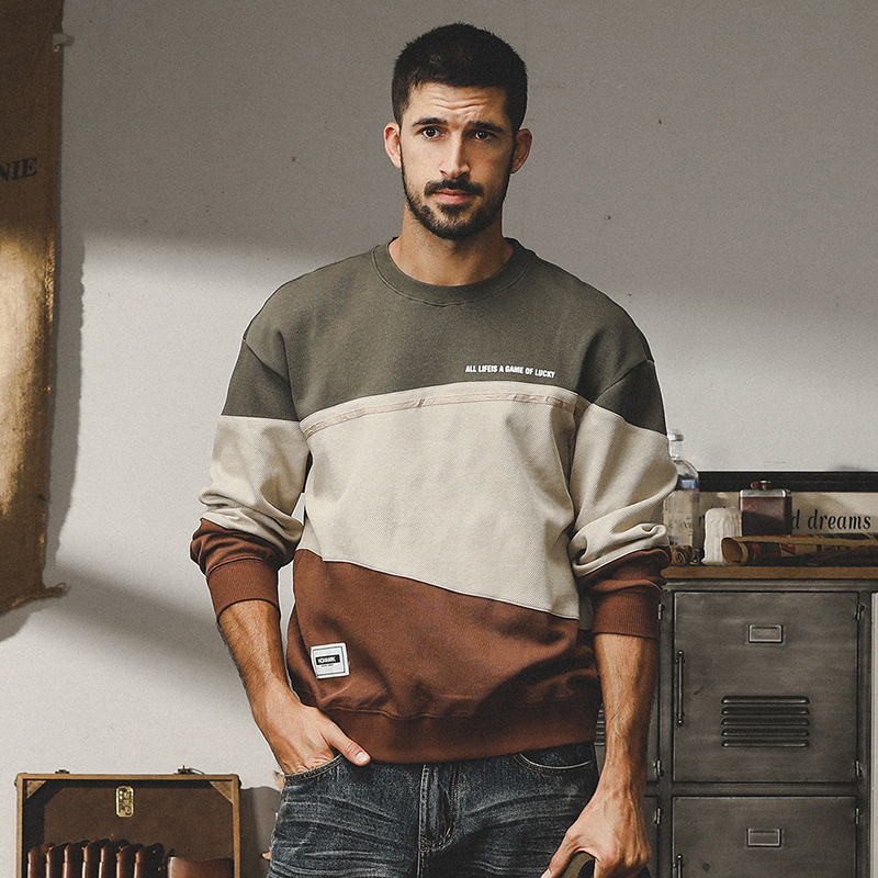 Jereno 330g heavy American fleece-lined sweater men's autumn and winter loose ins fashion brand contrast color long sleeve T-shirt top