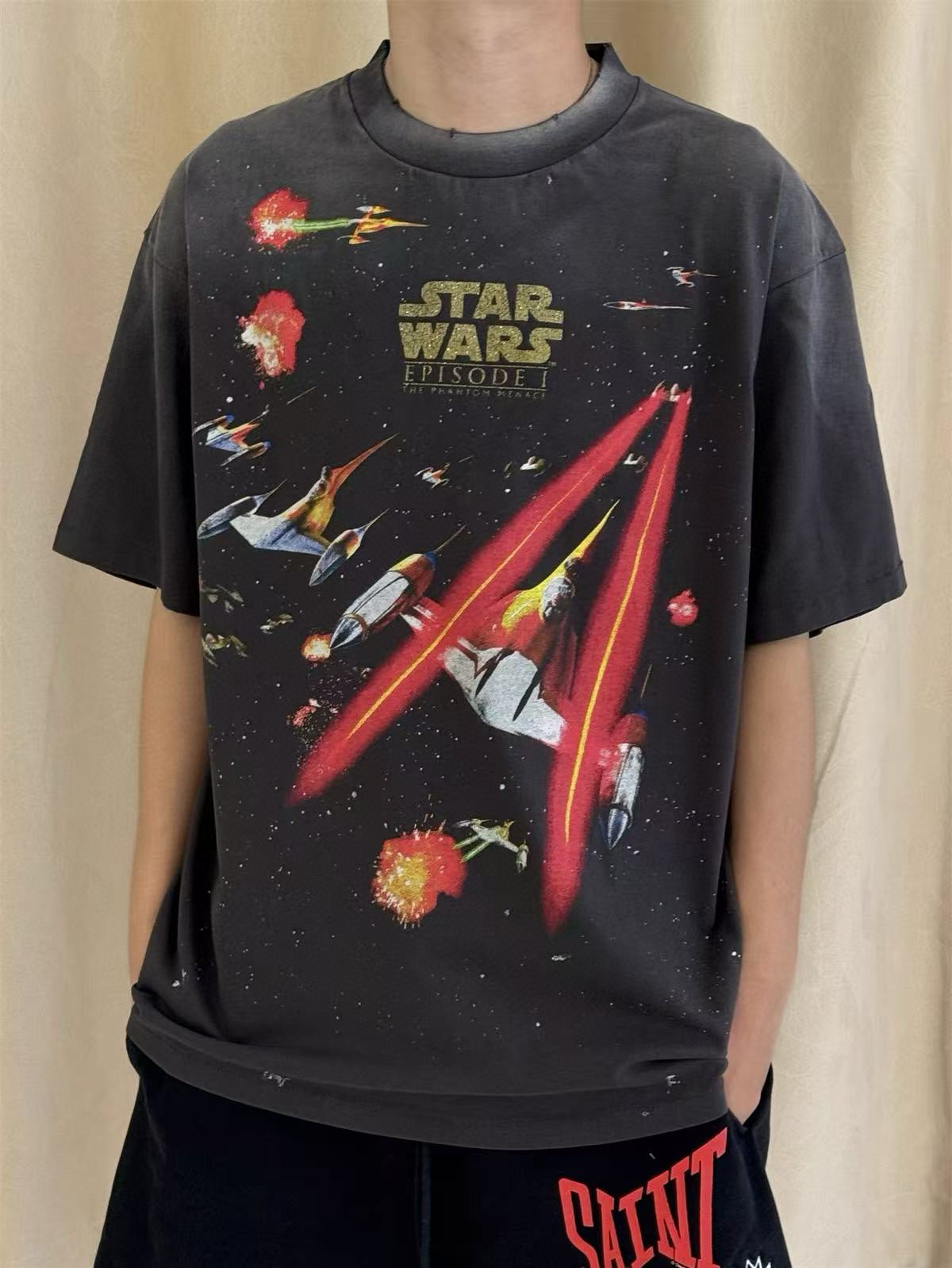 Saint Mxxxxxx 25Ss Star Wars Tee Distressed Star Wars Short-Sleeved T-Shirt for Men and Women