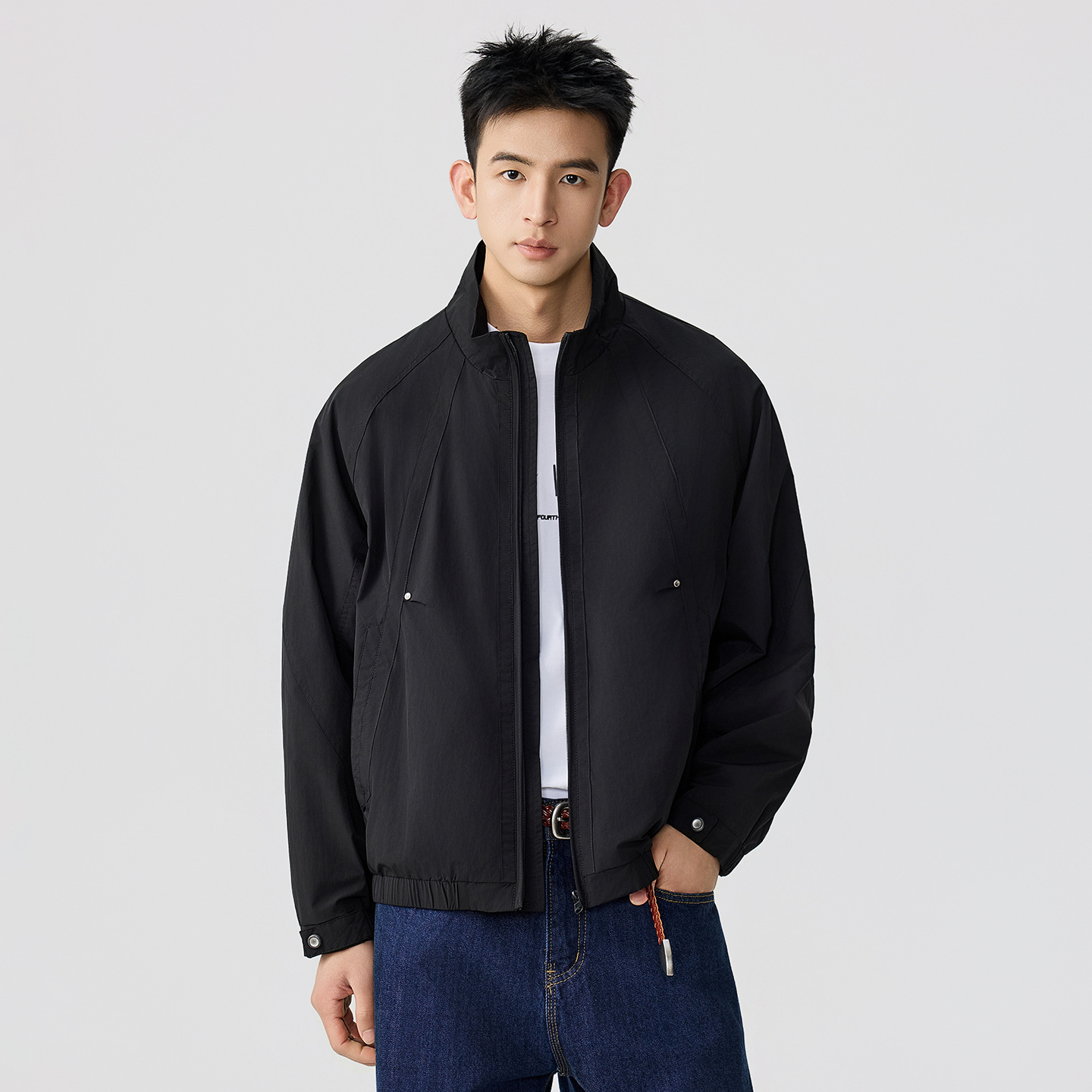 Windproof Stand-Collar Pilot Jacket for Men, Spring and Autumn, Trendy and Versatile, Stylish Outerwear in Black and Purple, in Stock