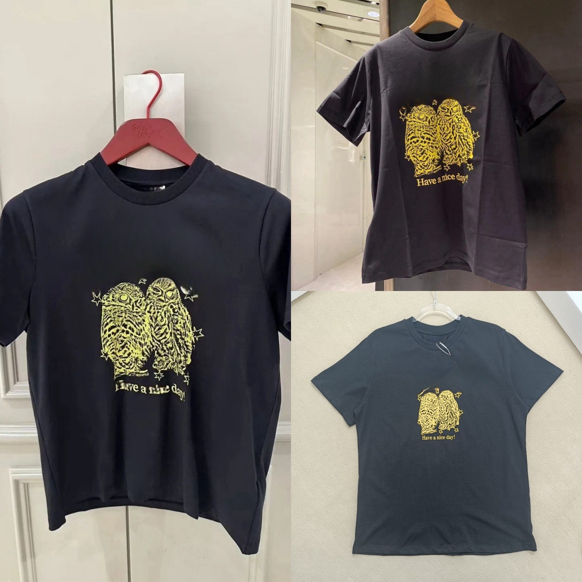 25 New Niche Designer Letter Owl Print Black Round Neck Pure Cotton Loose Short-Sleeved T-Shirt for Women