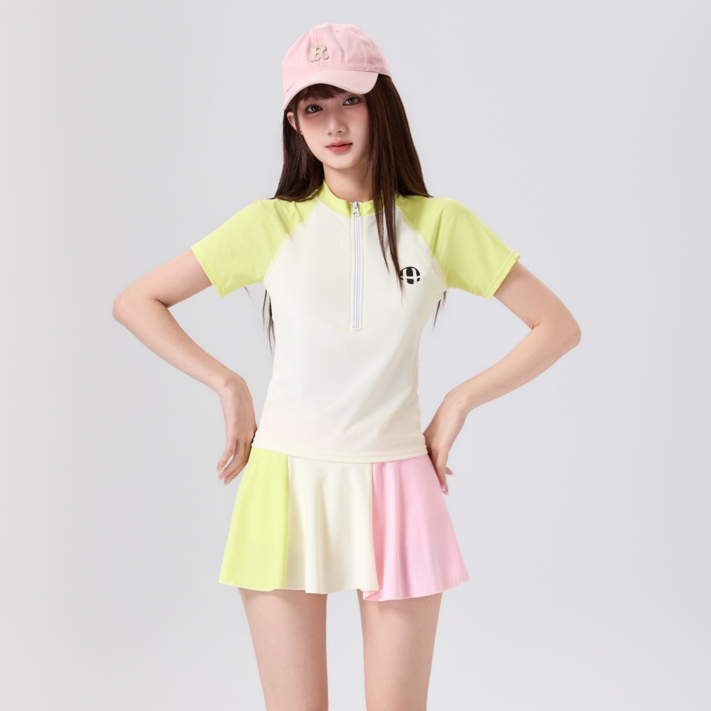 Student Sweet Rainbow Color-Blocked Short-Sleeved Diving Suit Hot Spring 2026 Korean New Sports Skirt-Style Two-Piece Swimsuit