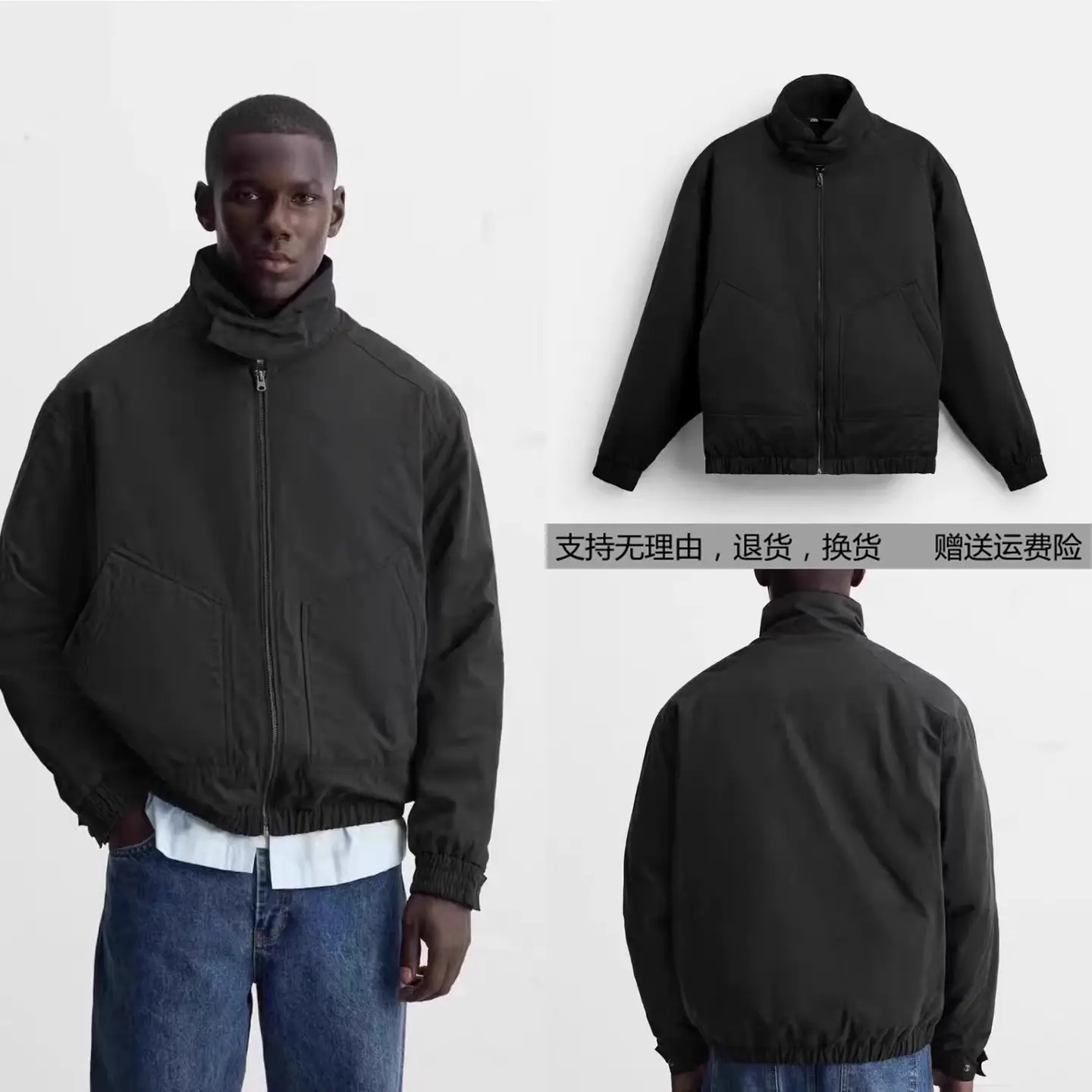 2024 Autumn/Winter New Men's Black Stand Collar Tech Fabric Cotton Jacket with Zipper and Long Sleeves 8281326