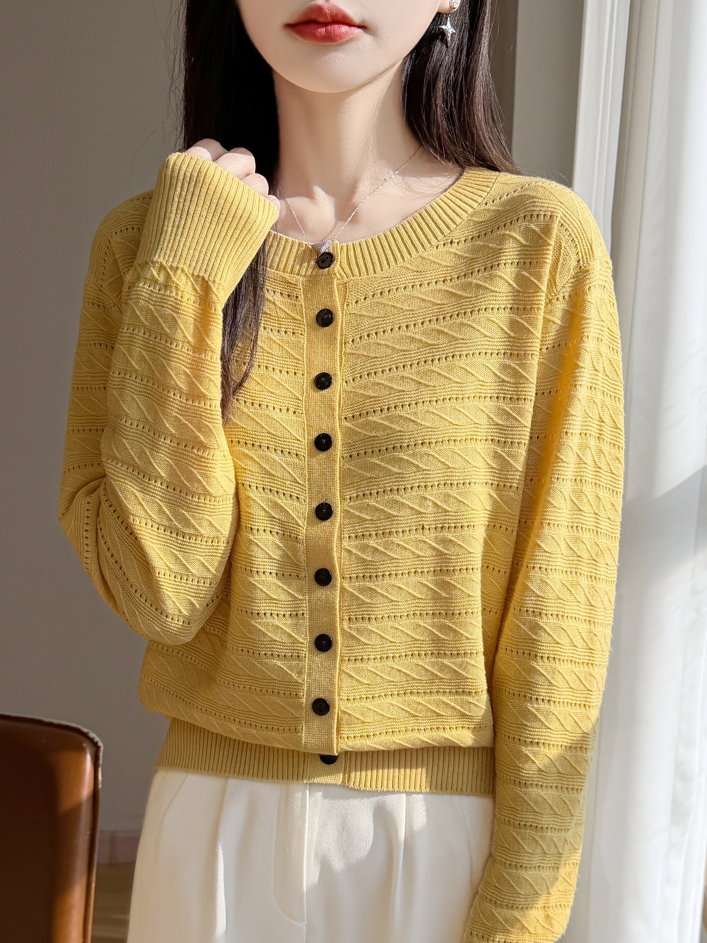 2026 Spring and Autumn New Fine Wool Round Neck Knitted Cardigan Long Sleeve Women's Hollow Out Solid Color Loose Top Jacket