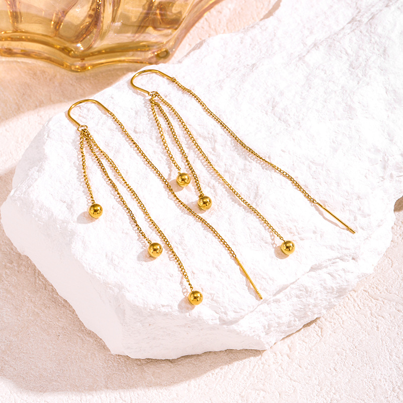 Cross-Border Gold Transfer Bead Earrings for Women, Titanium Steel Long Tassel Non-Fading Earrings, Internet Celebrity Hot Style Ear Jewelry Wholesale
