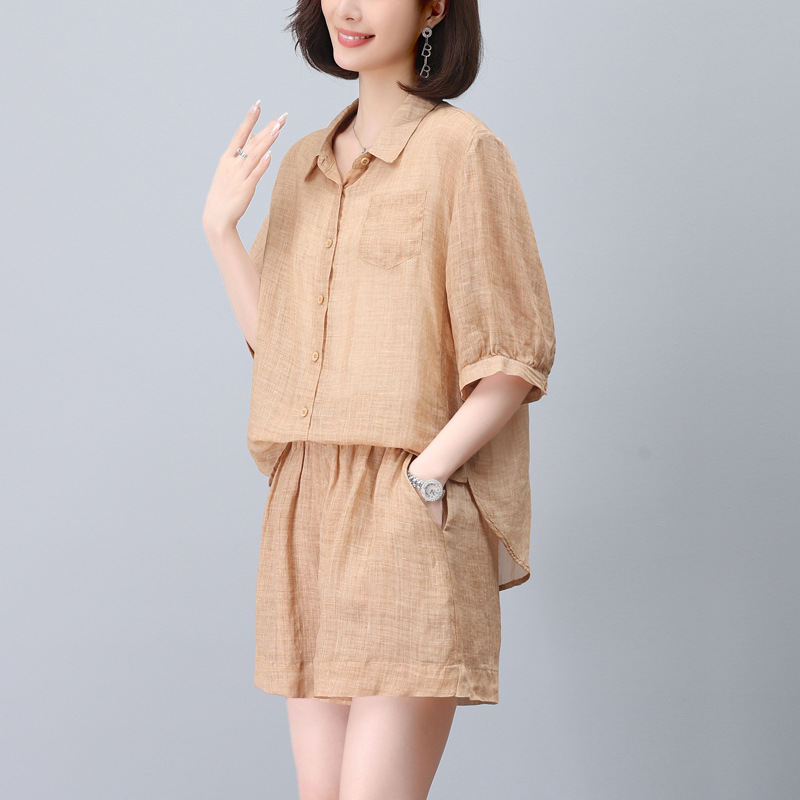 High-end Pure Ramie Suit Women's Summer 2024 New High-end Shirt Casual Fashion Short-sleeved Shorts Two-piece Set