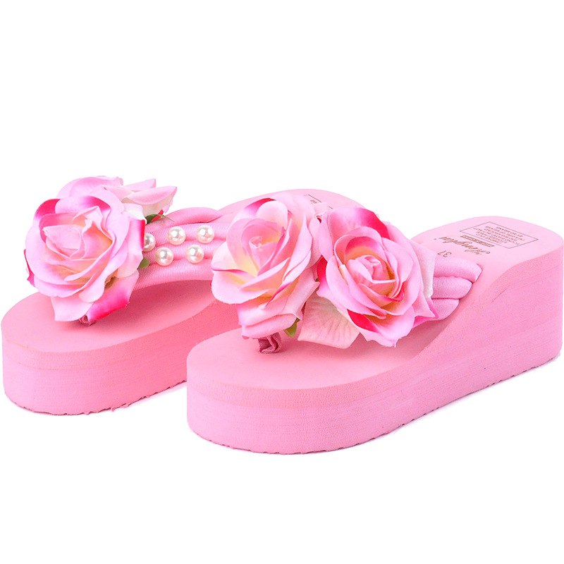European and American Beach Vacation Non-slip Flip Flops Pearl Flower Fresh Sandals Fashion Thick Bottom Flip Flops
