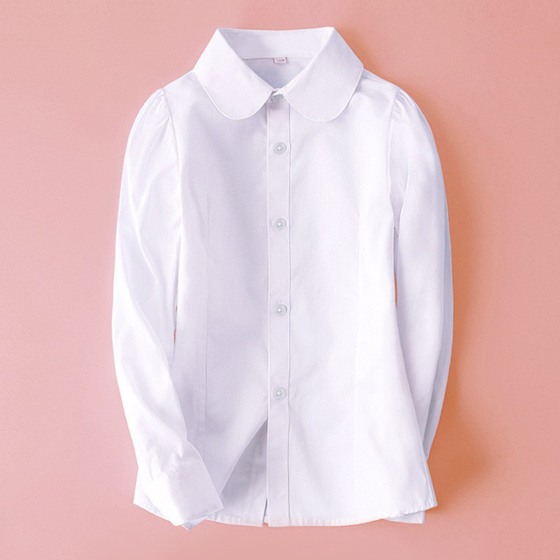 Girls White Shirt Long Sleeve Cotton Spring and Autumn White School Uniform for Elementary School Children's White Shirt