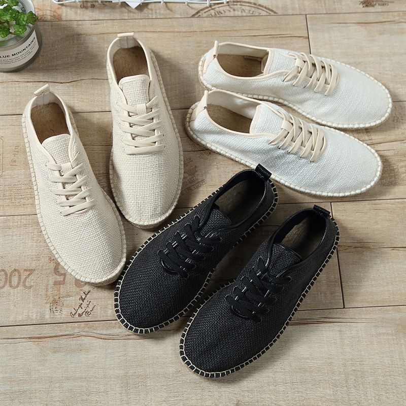 Summer Linen Flat Shoes Men's Handmade Straw Linen Shoes Fisherman Shoes Lazy Slip-on Casual Canvas Shoes