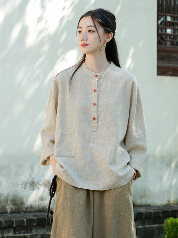 2026 Spring/Summer New Cotton and Linen Women's Clothing: Linen Stand Collar Color-Block Button Pullover Plus Size Top Women's Cotton and Linen Shirt