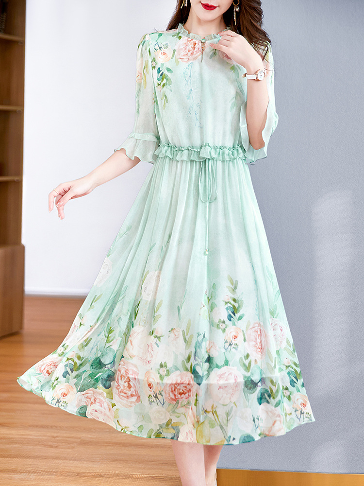 High-end elegant fresh flower silk dress women's French temperament young-aged mother wear ruffled mulberry silk