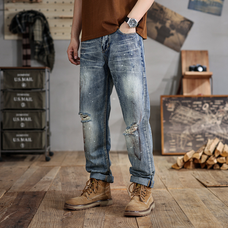 Large Size Men's Summer New Arrival Waste Soil Style Old Dirty Ripped Jeans Men's Loose American Style Retro Trendy Pants