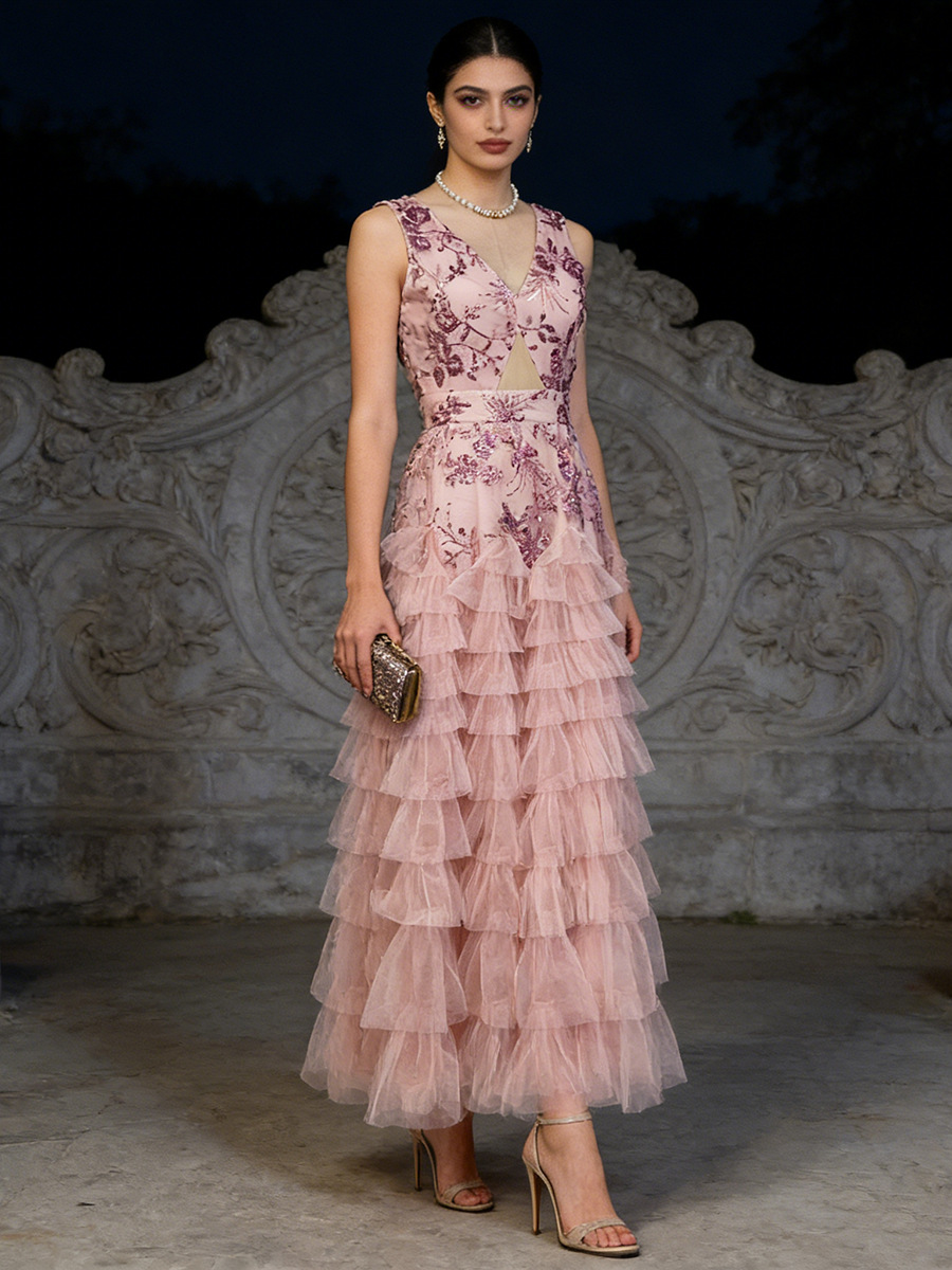 Vintage High-End Sexy Spaghetti Strap Hollow-Out Ruffle Tulle Gown Long Dress 2026 Summer New Women's Dress