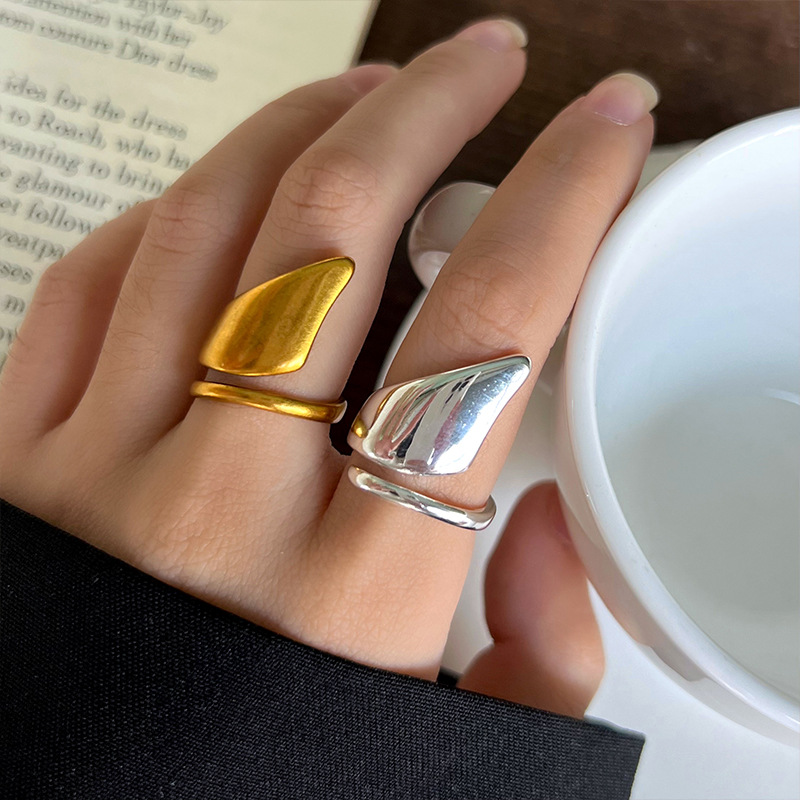 Lanzhi S925 Sterling Silver Irregular Open Ring for Women, Unique and Fashionable Korean Ins-Style Jewelry, Antique Gold Ring