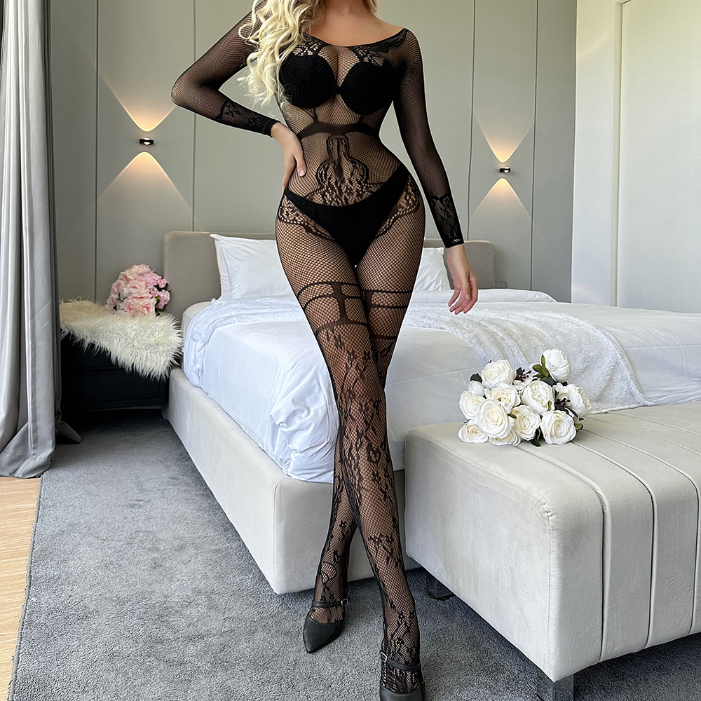 Sexy Lingerie Net Clothing European and American Cross-Border Sexy Fishnet Jumpsuit Pajamas Long-Sleeved Backless Bodysuit W637