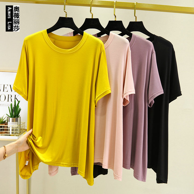 2022 Summer New Round Neck Modal Loose Base Shirt Outer Wear Large Size Plus Fat Home Sleep Top for Women