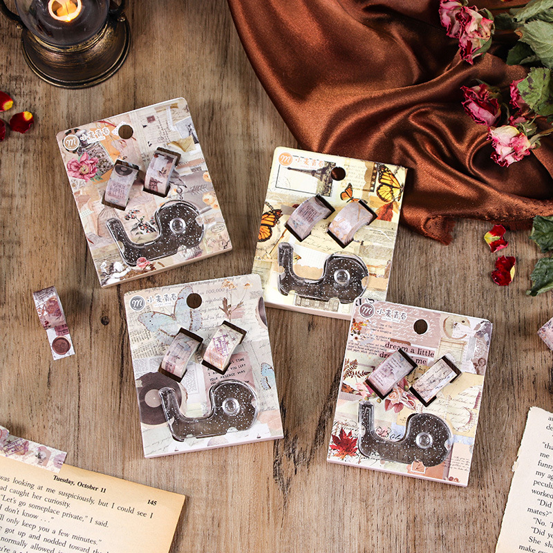 Retro 2+1 Mini Tape and Paper Pattern Cartoon Sticker with Tape Machine Set Student DIY Handbook Decoration Sticker