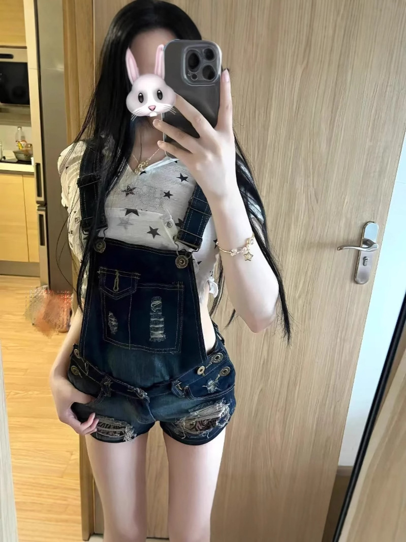 2026 Summer New American Retro Style Ripped Washed Denim Overalls Shorts, Slimming and Trendy