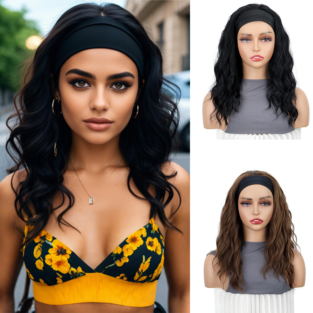 European and American wig headgear medium and long curly hair water ripple ice silk hair strap headgear high temperature silk chemical fiber wig women's cross-border