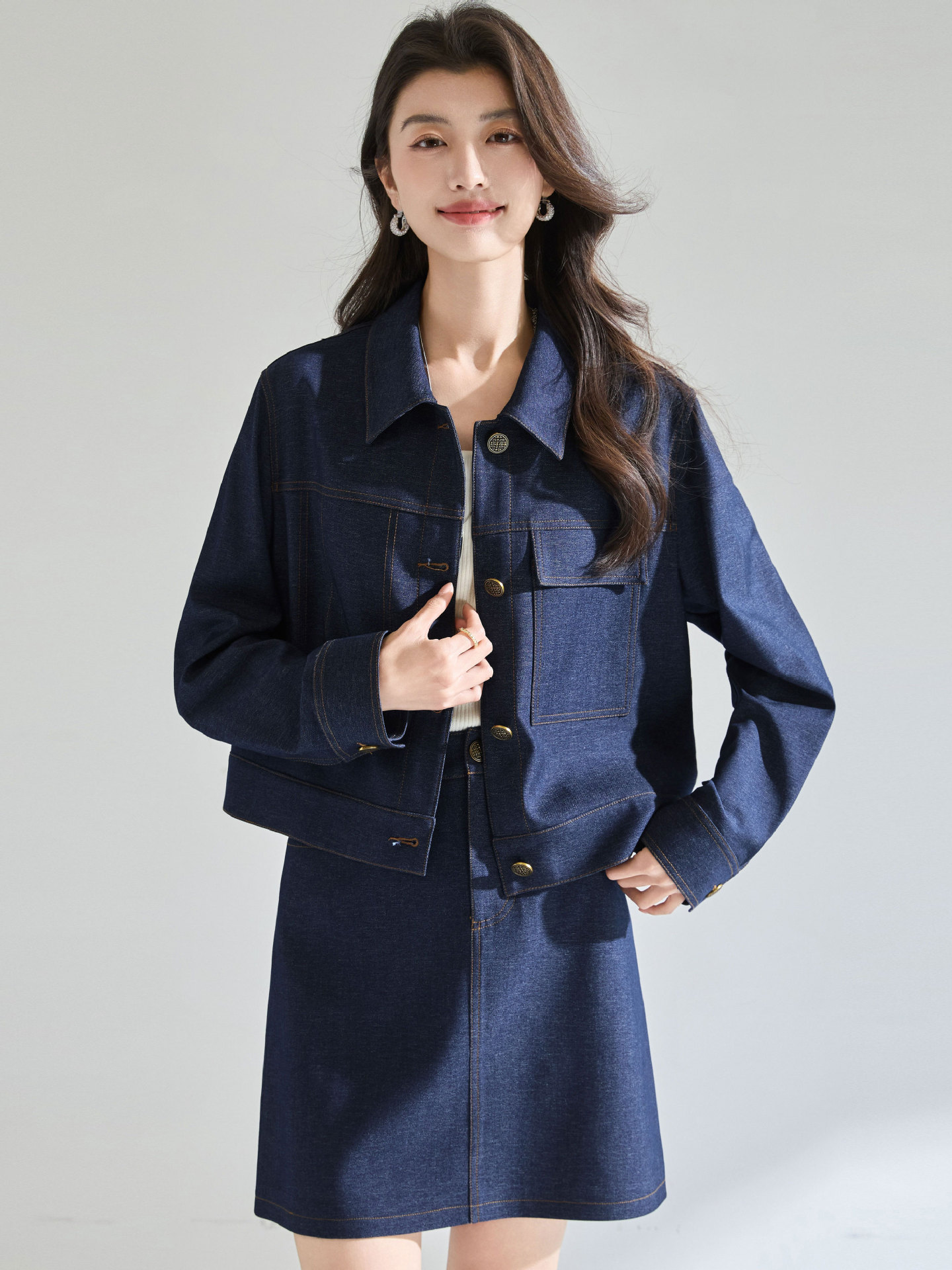 26 Spring Fashionable Retro Indigo Blue Slim-Fit Denim Jacket and Skirt Set 25752+25753