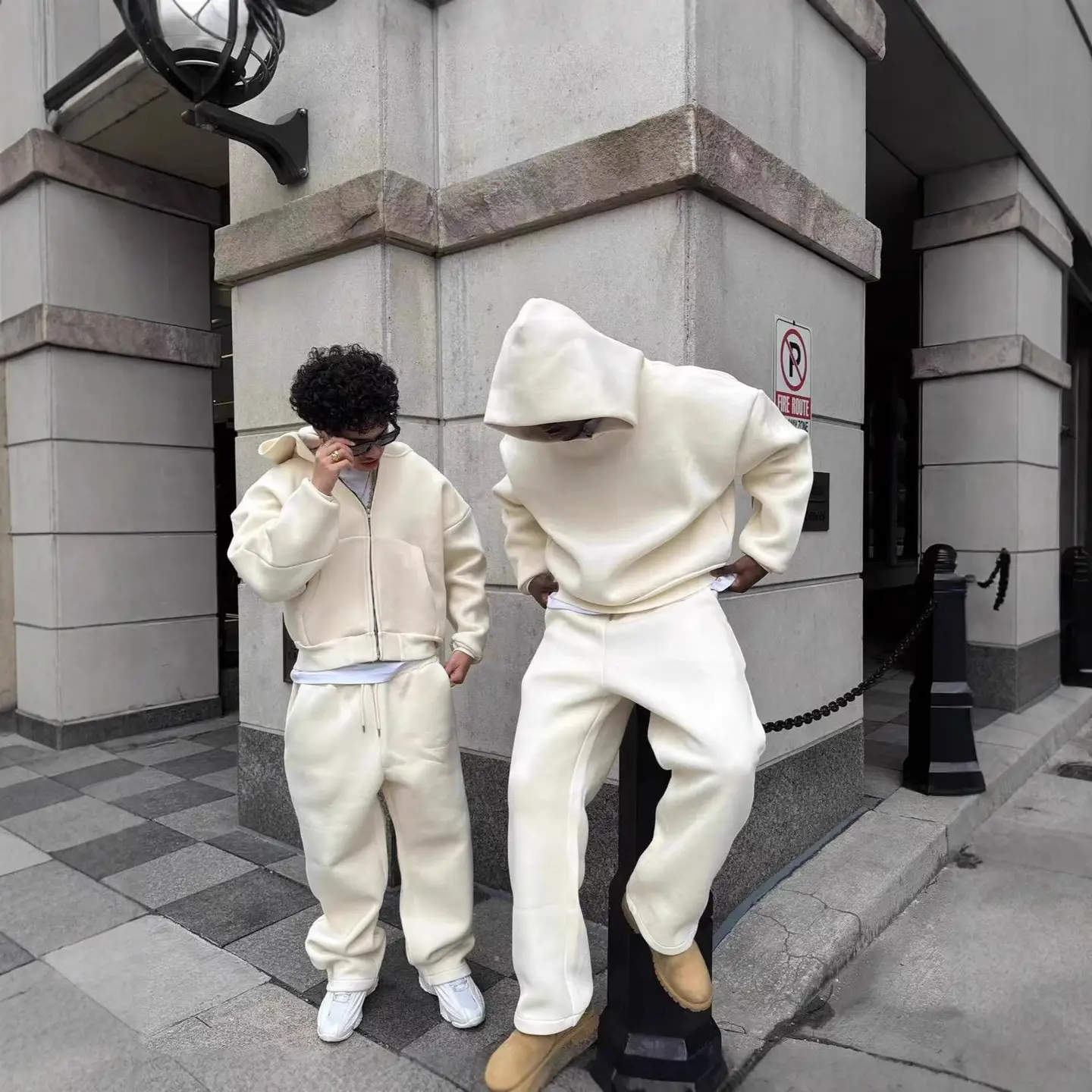 Air layer fluffy hooded sweatshirt men's trendy pants set