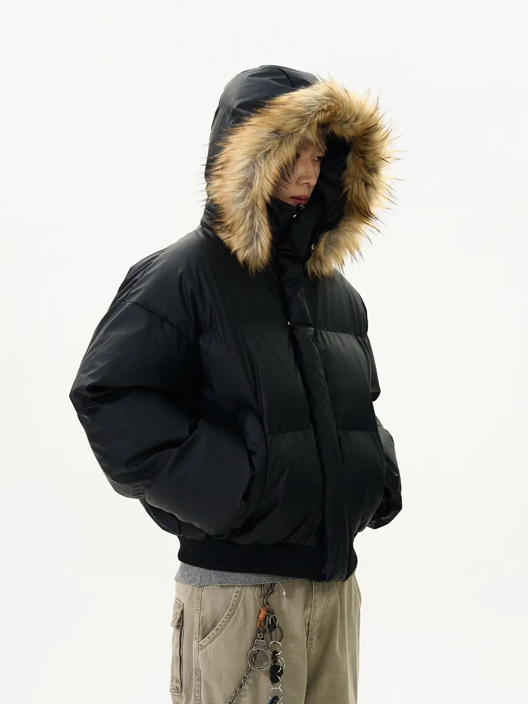 A PUEE Black Detachable Fur Collar Hooded Cotton Jacket