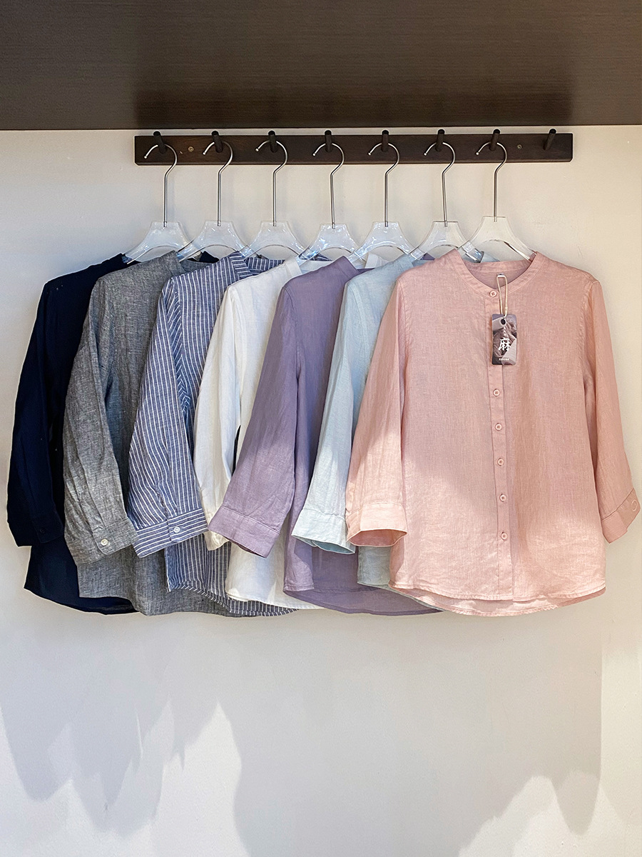 Plus Plain 100% French Linen Stand-Up Collar Simple Versatile Three-Quarter Sleeve Shirt with Pig Nose Embroidery for Women