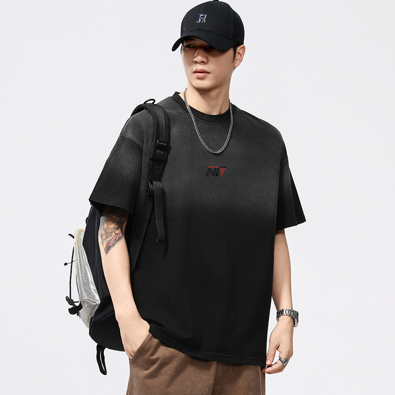 T3618 | plus size men's summer new heavy wash water gradient round neck T-shirt men's loose trend cotton short sleeve