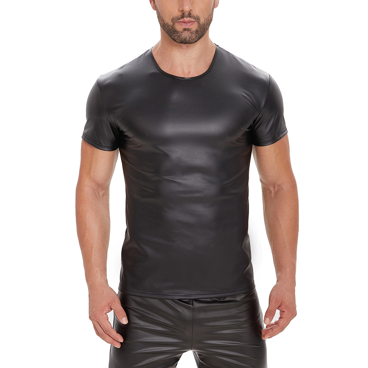 Cherry Temptation Cross-Border Men's Sexy Matte Leather Vest Shiny Leather Short Sleeve T-Shirt Ktv Performance Outfit