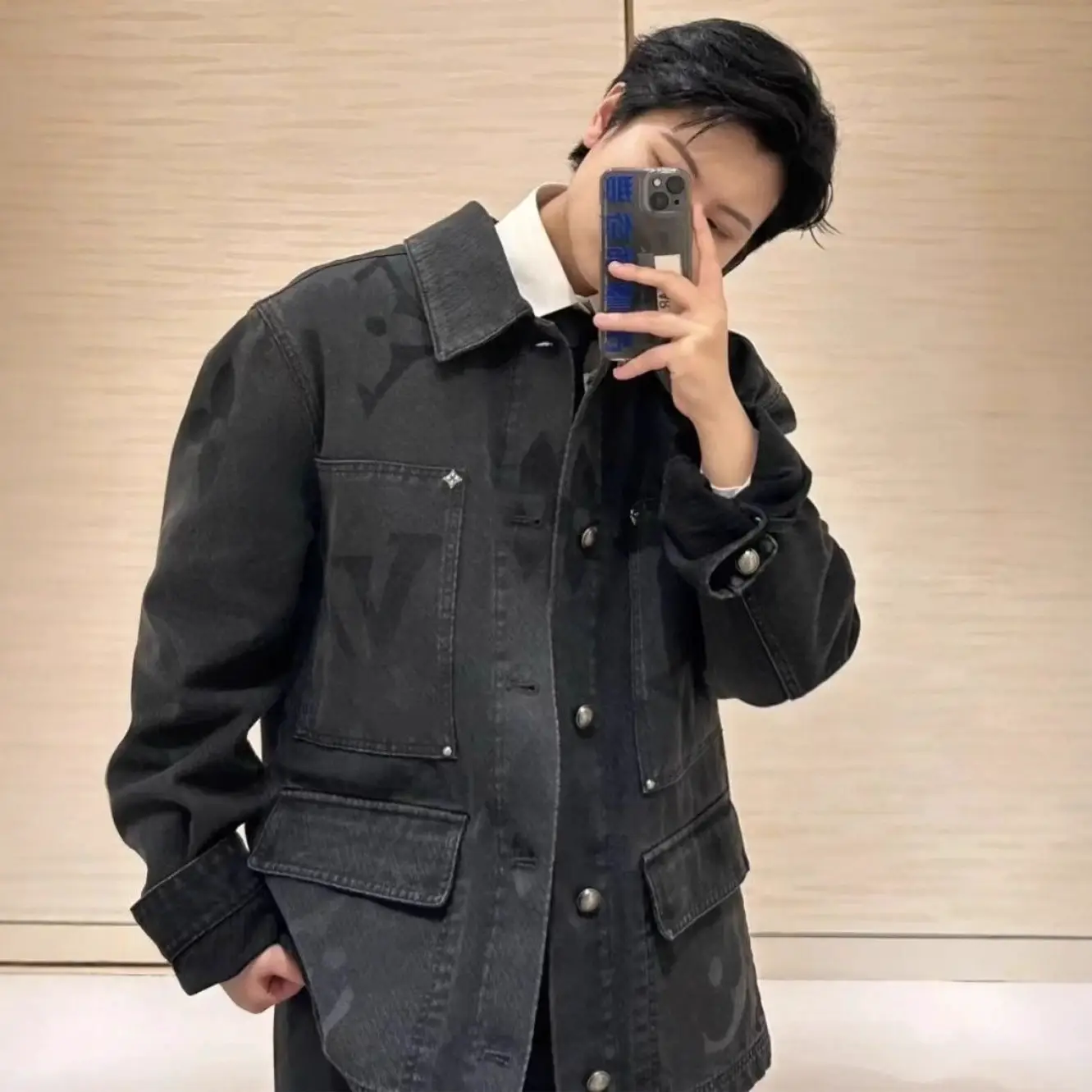 Original Label Lujia Co-Branded Flocked Logo Presbyopic Heavy Jacquard Spray Color Denim Jacket Jacket Pants Suit
