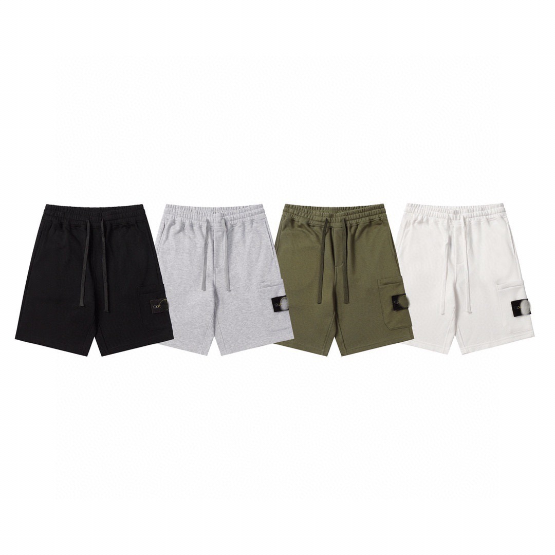 Cross-Border European and American New Stone Solid Color Compass Sleeve Shorts for Men and Women with Large Pocket Decoration Five-Point Shorts