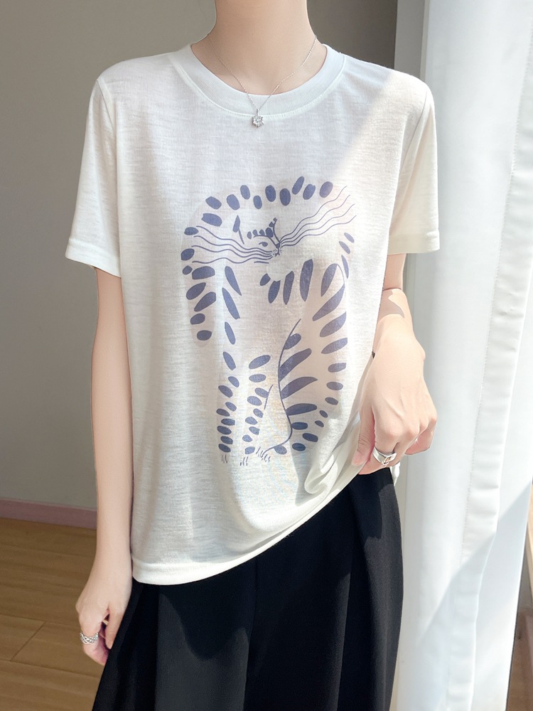 Fashionable Round Neck Short-Sleeve T-Shirt for Women with Long-Tailed Cat Print, Playful and Elegant, New Summer Style Versatile Knit Short-Sleeve
