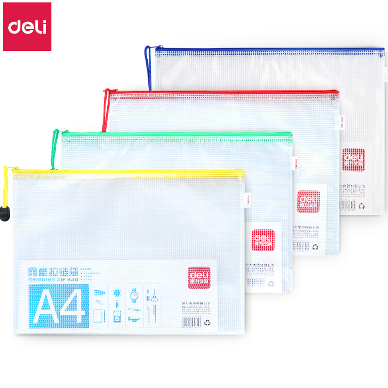 Deli 5654 Mesh Zipper Bag A4 Transparent Large-Capacity Document Bag Information Bag Test Paper Stationery Storage Bag Wholesale