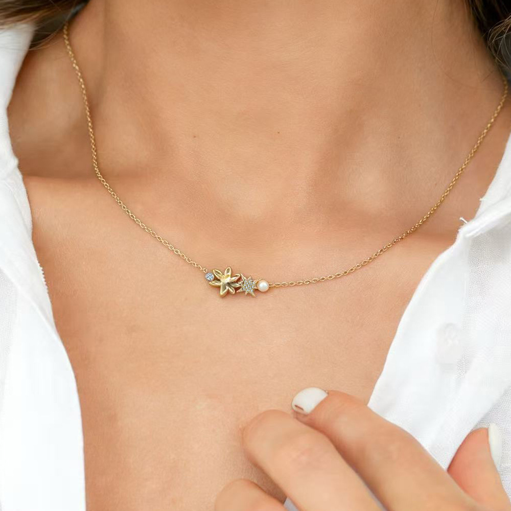 Cross-Border Clavicle Chain, Personalized Light Luxury High-End Necklace, French Style Eight-Pointed Star Flower Pearl Necklace, Niche Jewelry for Women