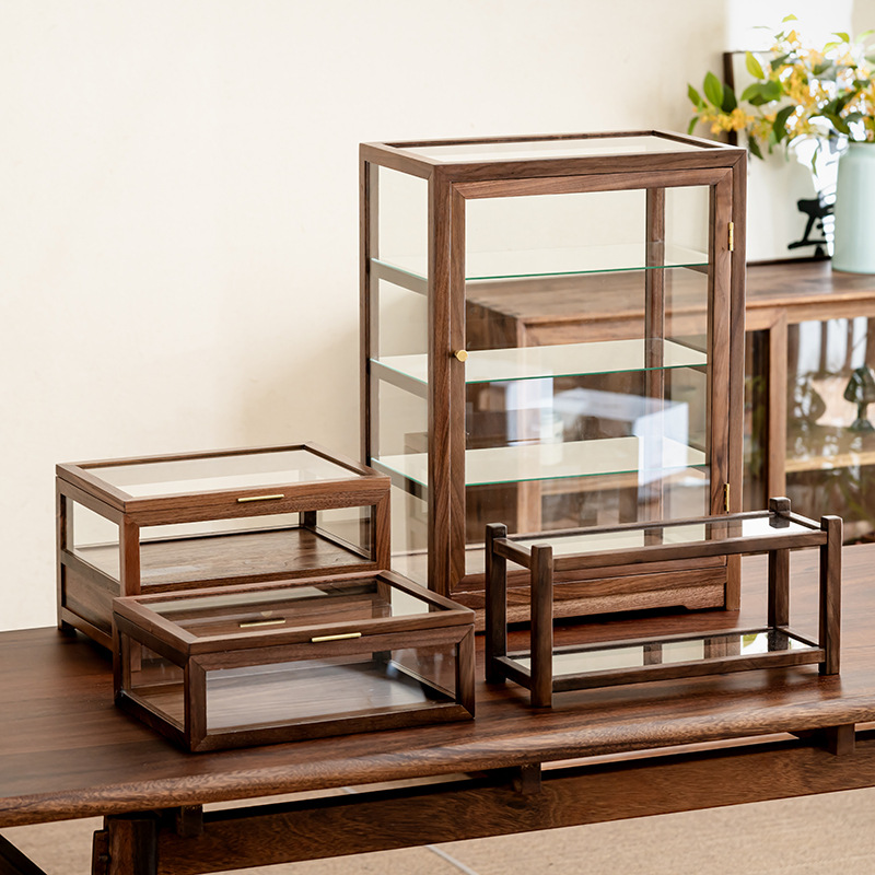 Walnut Tea Set Glass Display Cabinet Desktop Solid Wood Storage Cabinet Tea Space Tea Ceremony Tea Cup Dust-proof Cabinet